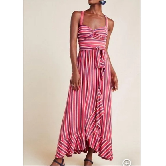 Anthropologie Dresses & Skirts - Anthropologie Maeve Gabriela Ruffled Maxi Dress  Cross back Pink Stripe sz M